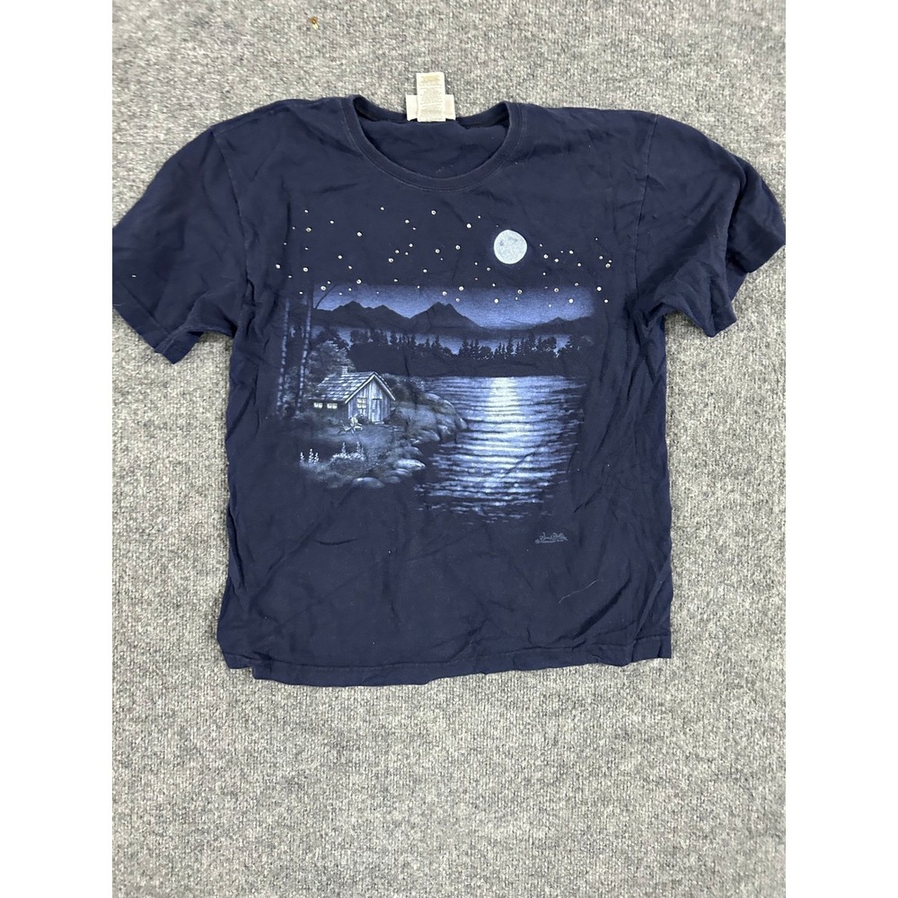 Morning Sun T-Shirt Womens Medium Navy Blue Cabin Moon Rhinestone Nature Cotton